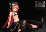  2013 :p animal_ears ankle_boots bad_id bad_pixiv_id bikini_top boots breasts cat_ears clothes_around_waist helmet long_hair neco original red_eyes red_hair sitting small_breasts solo tongue tongue_out underboob 