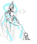  bayonetta bodysuit breasts covered_eyes covered_nipples helmet high_heels joy_(bayonetta) large_breasts long_hair monochrome sketch space_jin very_long_hair 