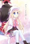  1girl ali_(maidoari) back-to-back blonde_hair blue_eyes bow cape hat inohara_masato little_busters! long_hair noumi_kudryavka pink_bow school_uniform sitting thighhighs translation_request 