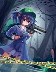  blue_eyes blue_hair cattail caution_tape dress forest gun hair_bobbles hair_ornament hat kawashiro_nitori keep_out long_sleeves looking_at_viewer nature plant rukuluc shirt short_hair short_twintails skirt skirt_set solo touhou tree twintails two_side_up water weapon 