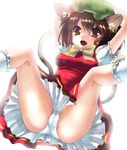  animal_ears ass bow bowtie breasts brown_hair cameltoe cat_ears cat_tail chen earrings fang from_below hat jewelry looking_at_viewer multiple_tails open_mouth panties red_skirt short_hair sibata skirt smile socks solo tail touhou underwear upskirt white_legwear white_panties 