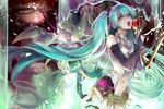  apple aqua_eyes aqua_hair bridal_gauntlets elbow_gloves fingerless_gloves food fruit gloves hatsune_miku hatsune_miku_(append) hina_(xoxo) long_hair navel necktie skeleton solo thighhighs twintails very_long_hair vocaloid vocaloid_append 