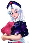 blue_eyes braid breast_lift breast_squeeze breasts constellation covered_nipples crossed_arms galaxy hat large_breasts lips long_braid long_hair nurse_cap red_cross revision silver_hair solo space space_jin star_(sky) touhou very_long_hair white_hair yagokoro_eirin 