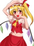  blonde_hair blush flandre_scarlet hair_ribbon happy hat honda_takaharu navel red_eyes ribbon side_ponytail smile solo touhou white_background wings 