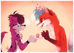  anthro apron balloons blue_hair brown_hair candle canine cupcake dog duo eye_contact female fox fur hair happy hi_res imalou male mammal open_mouth orange_eyes party_hat plate purple_eyes tongue tongue_out 