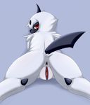 ?? anus back_turned blush butt female feral from_behind fur half-closed_eyes looking_at_viewer looking_back lying nintendo nude plain_background pok&#233;mon pok&eacute;mon presenting presenting_hindquarters presenting_pussy pussy red_eyes seigen seigen33 solo spreading thick_thighs video_games white_fur 