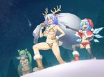  ^_^ animal_costume antlers bell bikini blank_eyes blue_eyes blue_hair boots breath capelet christmas cirno closed_eyes cold daiyousei dudufedu elbow_gloves fur_trim gloves green_hair hat letty_whiterock long_hair miniskirt multiple_girls night night_sky no_pupils pointing red_nose reindeer_antlers reindeer_costume sack santa_boots santa_bra santa_costume santa_hat shaking shooting_star short_hair side-tie_bikini side_ponytail skirt sky smile snow star_(sky) starry_sky swimsuit touhou tree trembling wings 