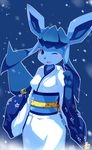  5_fingers anthro blue_background blue_eyes blue_nose blush breasts chilon clothing eeveelution eyebrows female glaceon japanese_clothing kimono looking_at_viewer nintendo one_eye_closed open_mouth plain_background pok&#233;mon pok&#233;morph pok&eacute;mon solo standing tongue video_games 