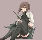  armor bad_id bad_pixiv_id bike_shorts black_legwear blush brown_eyes brown_hair corset flat_chest headband headgear highres kaipankun kantai_collection long_hair short_hair sitting skirt smile solo taihou_(kantai_collection) thighhighs 