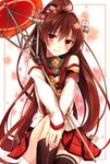  blush brown_hair cherry_blossoms detached_sleeves flower hair_flower hair_ornament kantai_collection long_hair looking_at_viewer oriental_umbrella ponytail red_eyes red_umbrella single_thighhigh skirt smile solo thighhighs toosaka_asagi umbrella very_long_hair yamato_(kantai_collection) 