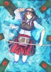  afloat aircraft airplane akagi_(kantai_collection) archery arrow blush bow_(weapon) brown_eyes brown_hair gloves hakama_skirt highres japanese_clothes kantai_collection kyuudou long_hair marumoru muneate partially_submerged partly_fingerless_gloves single_glove skirt smile solo tasuki thighhighs water weapon white_legwear yugake 