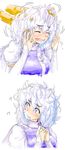  ? blue_eyes blush breasts bridal_gauntlets closed_eyes confused dudufedu fingernails full-face_blush hands_in_hair highres large_breasts letty_whiterock looking_back messy_hair no_hat no_headwear open_mouth tears touhou upper_body wavy_mouth white_hair 