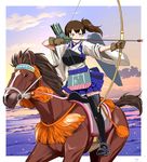  aiming archery arrow black_legwear blush bow_(weapon) bowieknife breasts brown_eyes brown_hair cloud drawing_bow gloves hakama_skirt holding holding_arrow holding_bow_(weapon) holding_weapon horse horseback_riding japanese_clothes kaga_(kantai_collection) kantai_collection kyuudou medium_breasts muneate outstretched_arm partly_fingerless_gloves quiver riding short_hair side_ponytail single_glove skirt sky solo tasuki thighhighs weapon yugake 