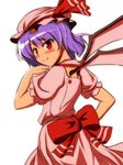  bat_wings blush bow from_behind hand_on_hip hat hat_bow honda_takaharu lavender_hair looking_back red_eyes remilia_scarlet solo touhou white_background wings 