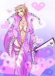  asymmetrical_clothes blonde_hair breasts center_opening chest_tattoo cleavage coat final_fantasy final_fantasy_x final_fantasy_x-2 full_body gloves heart heart_background heart_tattoo large_breasts leblanc_(ff10) nui_(chiyoko0629) pink_legwear short_hair solo tattoo thighhighs yellow_eyes 