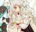  animal_ears black_legwear blush book braid bug butterfly cat cat_ears cat_tail flower grey_hair insect long_hair looking_at_viewer mizuno_mumomo mouse open_book open_mouth original pantyhose ribbon rose sitting skirt solo sweater tail twin_braids yellow_eyes 