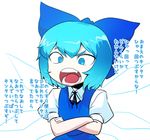  blue_eyes blue_hair bow cirno crossed_arms fang flat_chest hair_bow ice ice_wings open_mouth short_hair slit_pupils space_jin touhou translation_request wings 