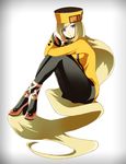  black_legwear blonde_hair blue_eyes crossed_ankles guilty_gear guilty_gear_xrd hat highres knees_to_chest long_hair millia_rage orange_hat pantyhose prehensile_hair solo toma_(toma0121) very_long_hair 