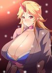  blonde_hair blush breasts choker cleavage gigantic_breasts hoshiguma_yuugi jacket japanese_clothes kimono ky. long_hair looking_at_viewer pointy_ears red_eyes smile solo touhou upper_body 