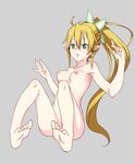  1girl akage barefoot blonde_hair blush breasts feet female green_eyes leafa long_hair nipples nude pointy_ears ponytail pussy soles solo sword_art_online toes uncensored 