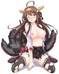  ;o ahoge bare_shoulders black_legwear blush boots breasts brown_eyes brown_hair chestnut_mouth detached_sleeves double_bun hair_ornament hairband headgear japanese_clothes kantai_collection kongou_(kantai_collection) large_breasts long_hair mecha_musume nipples nontraditional_miko one_eye_closed open_clothes open_mouth simple_background sitting skirt solo tears thigh_boots thighhighs tomokichi torn_clothes torn_legwear wariza white_background 
