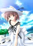  bad_proportions bangs bare_arms beach blush bow brown_eyes brown_hair cloud collarbone copyright_request day eyebrows_visible_through_hair hair_ornament hairclip hand_on_headwear hat looking_at_viewer ocean outdoors shion_(kawasemi) short_hair skirt skirt_set sky sleeveless smile solo summer sun_hat water 