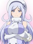  aila_jyrkiainen baozi bare_shoulders blue_eyes blush breast_hold breasts crossed_arms elbow_gloves food gloves gundam gundam_build_fighters hat kamelie large_breasts long_hair silver_hair smile solo 