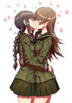  bangs black_hair blunt_bangs blush braid brown_hair closed_eyes couple heart hug inu_(aerodog) kantai_collection kiss kitakami_(kantai_collection) long_hair multiple_girls ooi_(kantai_collection) pleated_skirt school_uniform serafuku skirt yuri 