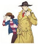  black_eyes black_hair border bowler_hat coat curly_hair fedora glasses grey_background gyakuten_kenji gyakuten_kenji_2 gyakuten_saiban hand_in_pocket hand_on_another's_face hand_on_forehead hand_on_own_face hat jacket leaning leaning_forward long_sleeves male_focus mitsurugi_shin multiple_boys necktie notepad open_mouth overcoat pencil profile reka shigaraki_tateyuki shirt simple_background spoilers striped striped_shirt teenage teeth younger 