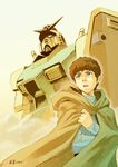  amuro_ray blue_eyes brown_hair cloak gundam kongcool mecha mobile_suit_gundam rx-78-2 shield 