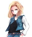  android_18 aqua_eyes belt blonde_hair dragon_ball dragon_ball_z earrings jewelry looking_at_viewer short_hair smile solo suirerien vest white_background 