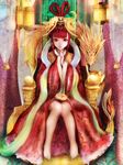  1girl absurdres barefoot dragon empire finger_to_mouth highres knees_together_feet_apart long_hair oriental red_hair shushing sitting solo throne traditional_clothes zhang_xiao_bo 