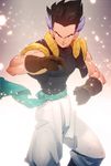  black_hair dragon_ball dragon_ball_z fusion gloves gotenks highres looking_at_viewer male_focus multicolored_hair muscle official_style older purple_hair smile solo spiked_hair supobi two-tone_hair vest 
