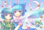  3girls bad_id bad_pixiv_id blue_eyes blue_hair bow cirno crescent daiyousei flower green_hair hair_bow head_fins heart japanese_clothes monster_girl multiple_girls obi open_mouth pjrmhm_coa sash short_hair side_ponytail smile star sweatdrop touhou wakasagihime wings 