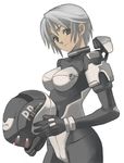  bodysuit copyright_request head_tilt helmet holding looking_at_viewer nagi_ryou silver_hair simple_background smile solo 