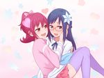  aida_mana blue_eyes blue_hair blush bow dokidoki!_precure embarrassed glasses hand_on_another's_cheek hand_on_another's_face heart highres hishikawa_rikka long_hair multiple_girls naughty_face open_mouth pink_bow pink_eyes pink_hair precure school_uniform short_hair skirt smile snowflakes thighhighs unpale yuri 