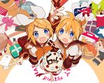  1girl 4_(nakajima4423) arm_warmers birthday blonde_hair blue_eyes blush brother_and_sister cake candle food from_above fruit gift hair_ornament hair_ribbon hairclip happy_birthday headset kagamine_len kagamine_rin leg_warmers looking_up necktie open_mouth ribbon sailor_collar short_hair shorts siblings smile strawberry twins vocaloid 