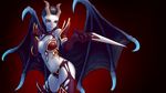  akasha_the_queen_of_pain armor black_hair blood blue_skin breasts defense_of_the_ancients demon_girl demon_horns demon_wings dota_2 elbow_gloves evil_smile foxfoot gloves highres horns knife large_breasts navel red_eyes shoulder_pads smile solo succubus thighhighs wings 