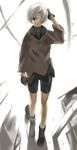  ankle_boots arm_up bandage_over_one_eye bandages boots copyright_request cuffs expressionless fingerless_gloves gloves looking_at_viewer nagi_ryou shackles short_hair shorts silver_hair solo walking 