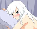  afterglow alternate_breast_size blue_eyes blush breasts long_hair looking_at_viewer medium_breasts out-of-frame_censoring rwby scar scar_across_eye shikniful solo topless weiss_schnee white_hair 