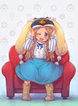  animal_hat bird blush boots brown_hair hat highres long_hair looking_at_viewer mawaru_penguindrum one_eye_closed penguin purple_eyes sankuma sitting smile solo takakura_himari 