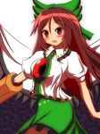  arm_cannon black_wings blush bow brown_hair cape hair_bow honda_takaharu long_hair open_mouth reiuji_utsuho solo touhou weapon white_background wings 