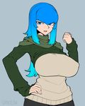  blue_eyes blue_hair breasts covered_nipples flat_color gradient_hair hand_on_hip huge_breasts impossible_clothes impossible_sweater long_hair multicolored_hair original ponytail puffy_nipples shawl solo space_jin sweater zoe_(space_jin) 