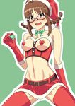  akizuki_ritsuko antenna_hair blush braid breasts breasts_outside brown_eyes brown_hair choker condom condom_wrapper elbow_gloves glasses gloves hat idolmaster idolmaster_(classic) kaimuu_(fahrenheit724) medium_breasts open_mouth pasties red_gloves ribbon ribbon_choker santa_costume santa_hat short_hair smile solo thighhighs twin_braids 