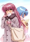  back-to-back bag blue_hair blush brown_eyes buttons coat comiket double-breasted fingerless_gloves futaki_kanata gloves hair_bobbles hair_ornament hairband handbag holding little_busters! long_hair long_sleeves looking_at_viewer mask_pull multiple_girls nishizono_mio paper paper_bag purple_hair reading shopping_bag short_hair smile surgical_mask sweat winter_clothes winter_coat yellow_eyes zen 