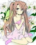  antenna_hair between_legs blush brown_hair dress expressionless flower full_body green_eyes hair_bobbles hair_ornament hand_between_legs highres koshigaya_komari lily_(flower) long_hair looking_at_viewer non_non_biyori off_shoulder sitting solo syuichi two_side_up very_long_hair wariza 