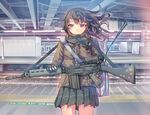  battle_rifle blue_eyes brown_hair daito fn_fal gloves gun original rifle short_hair solo train_station weapon 