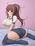  1girl ahoge artist_request ass bed black_legwear blush breasts brown_hair buruma collarbone green_eyes gym_uniform huge_ass huge_breasts long_hair looking_at_viewer looking_back mole open_mouth original pink_background ponytail simple_background solo source_request taut_clothes thighhighs zettai_ryouiki 