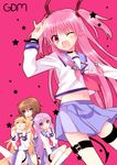  ;d =_= angel_beats! bad_id bad_pixiv_id black_eyes blonde_hair brown_hair closed_eyes harmonia headlock hisako_(angel_beats!) hug irie_(angel_beats!) long_hair midriff multiple_girls navel one_eye_closed open_mouth pink_eyes pink_hair purple_eyes purple_hair school_uniform sekine serafuku shinda_sekai_sensen_uniform smile triangle_mouth twintails two_side_up v-shaped_eyebrows yui_(angel_beats!) 