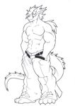  anthro barefoot belt biceps big_muscles claws clothing dragon grin hair horn male monochrome muscles pants pecs plain_background pose reptile rikitsu scales scalie scar sketch smile solo standing toe_claws toned topless white_background 